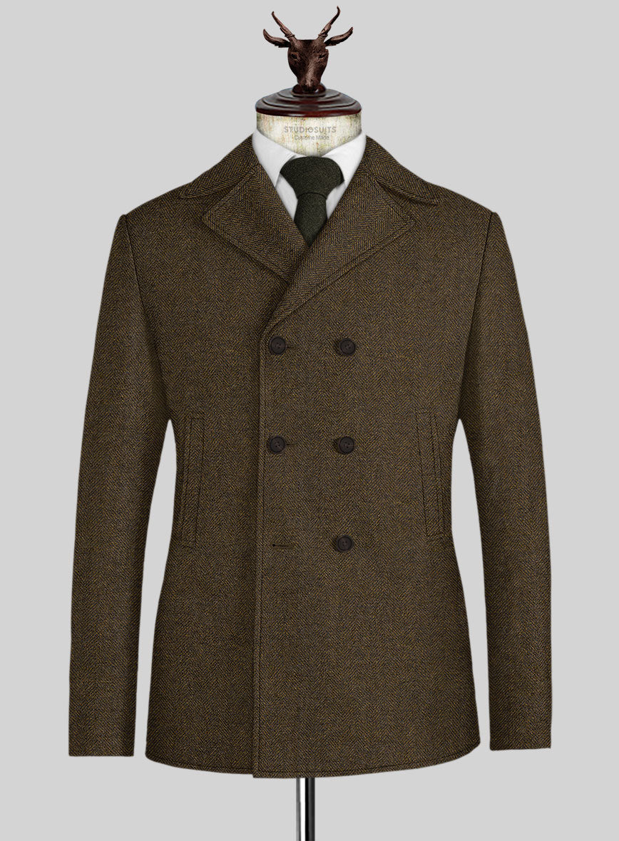 Bottle Brown Herringbone Tweed Pea Coat - StudioSuits