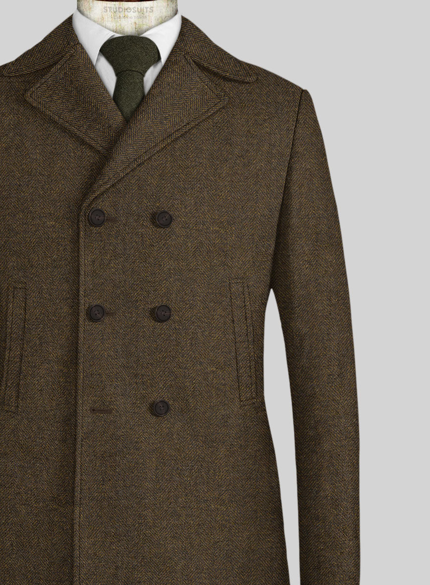 Bottle Brown Herringbone Tweed Pea Coat - StudioSuits