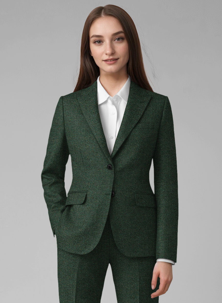 Women's Bottle Green Herringbone Tweed Jacket - StudioSuits