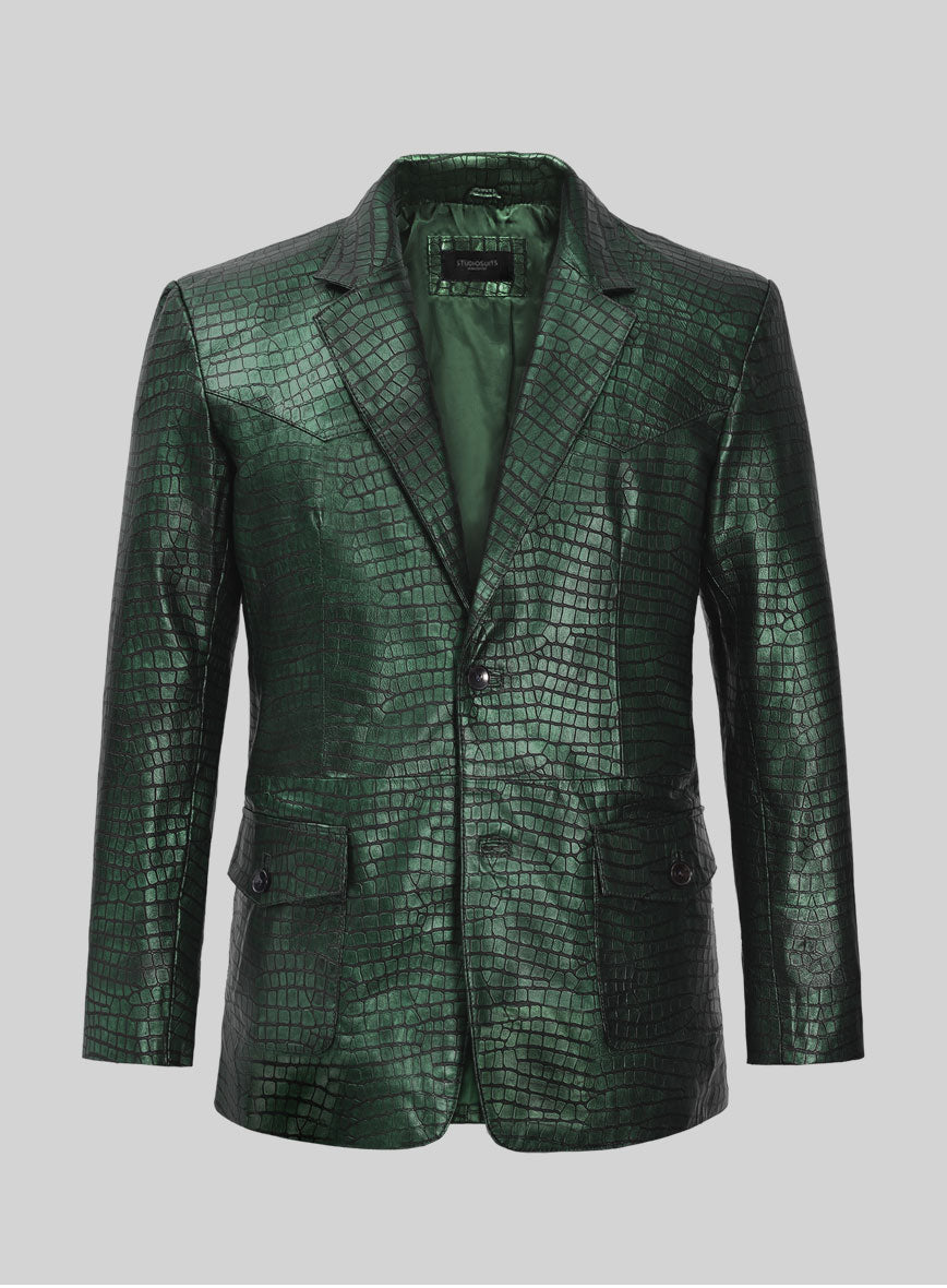 Croc Metallic Green Western Leather Blazer - StudioSuits