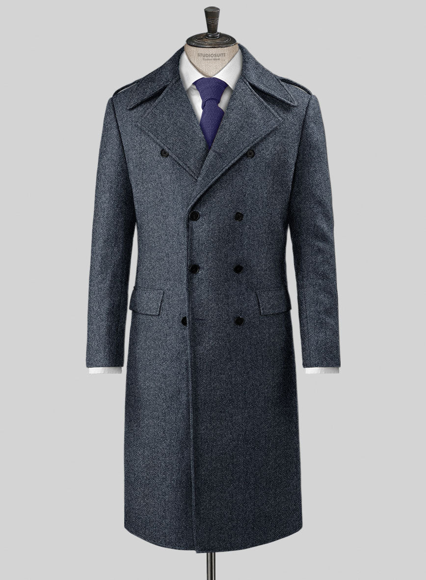Men's Highlander Heavy Blue Herringbone Tweed GQ Overcoat by StudioSuits Men's Highlander Heavy Blue Herringbone Tweed GQ Overcoat by StudioSuits