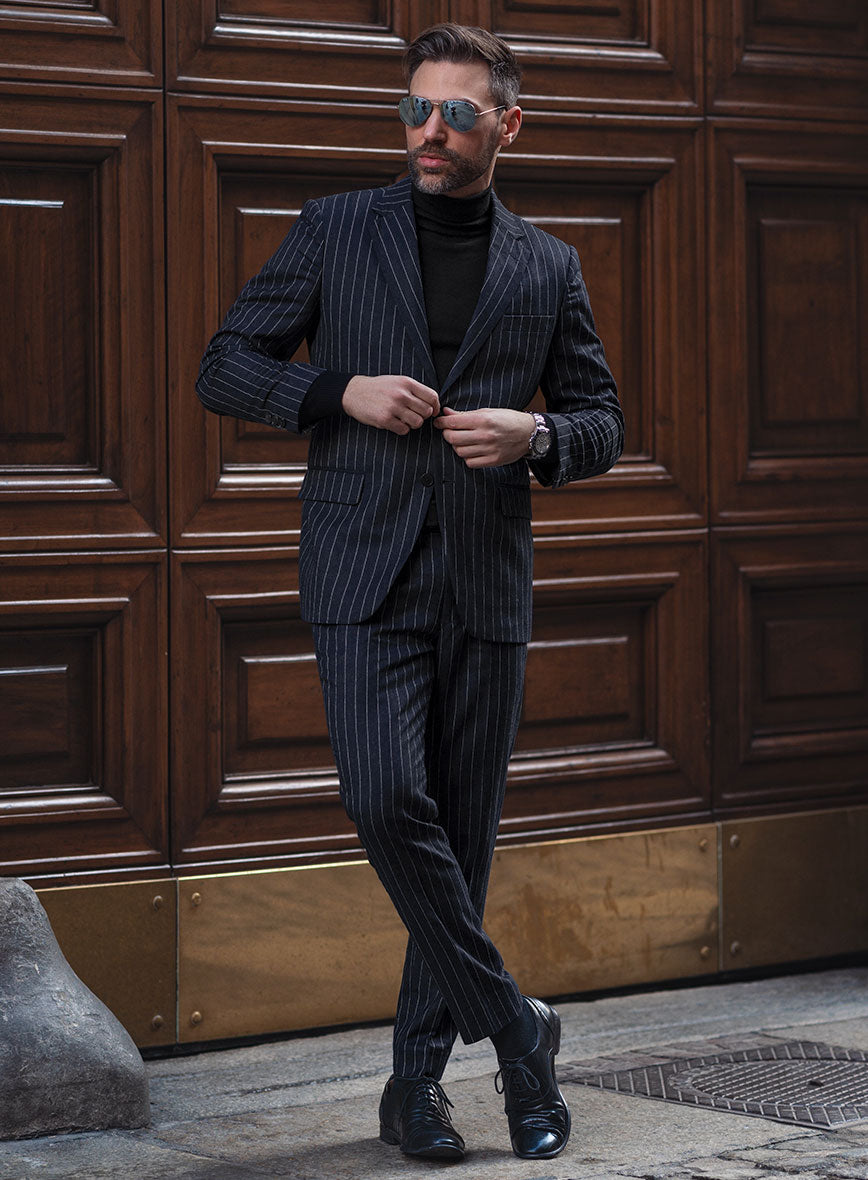 Italian Afito Indigo Blue Chalkstripe Flannel Suit - StudioSuits