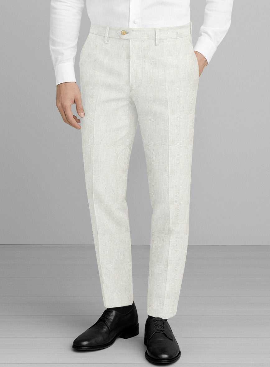 Italian Linen Avorio Herringbone Pants - StudioSuits