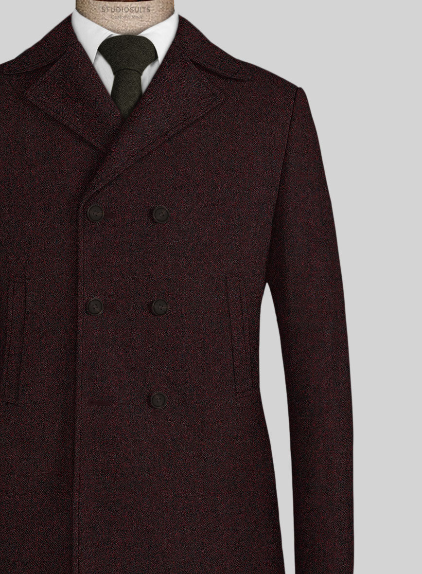 Light Weight Melange Wine Tweed Pea Coat - StudioSuits