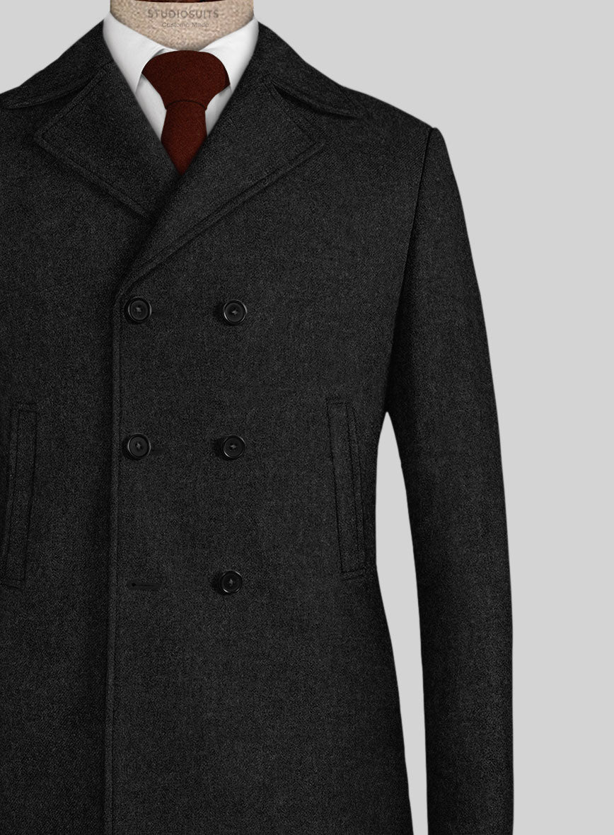 Naples Dark Charcoal Tweed Pea Coat - StudioSuits