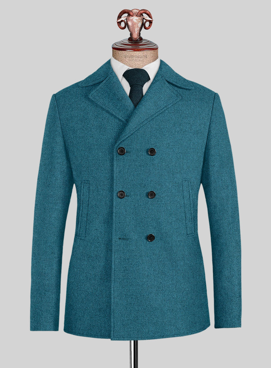 Naples Teal Blue Tweed Pea Coat - StudioSuits