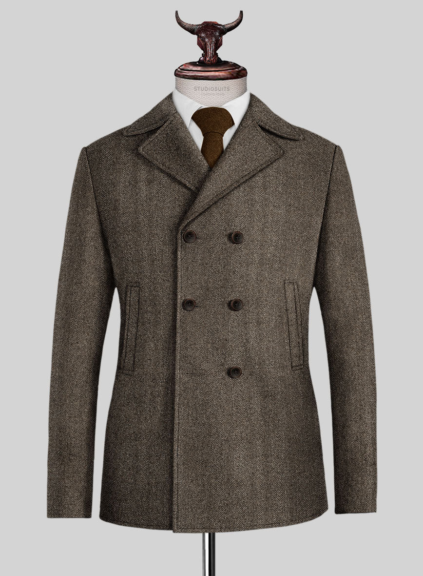 Naples Wide Herringbone Brown Tweed Pea Coat - StudioSuits