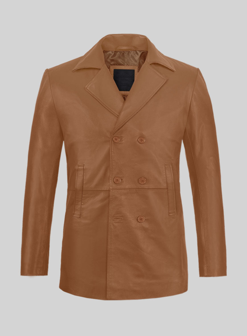 Soft Hunter Tan Leather Pea Coat - StudioSuits