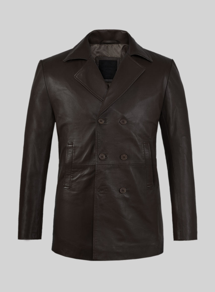 Soft Louis Brown Leather Pea Coat - StudioSuits