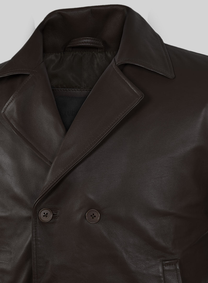 Soft Louis Brown Leather Pea Coat - StudioSuits