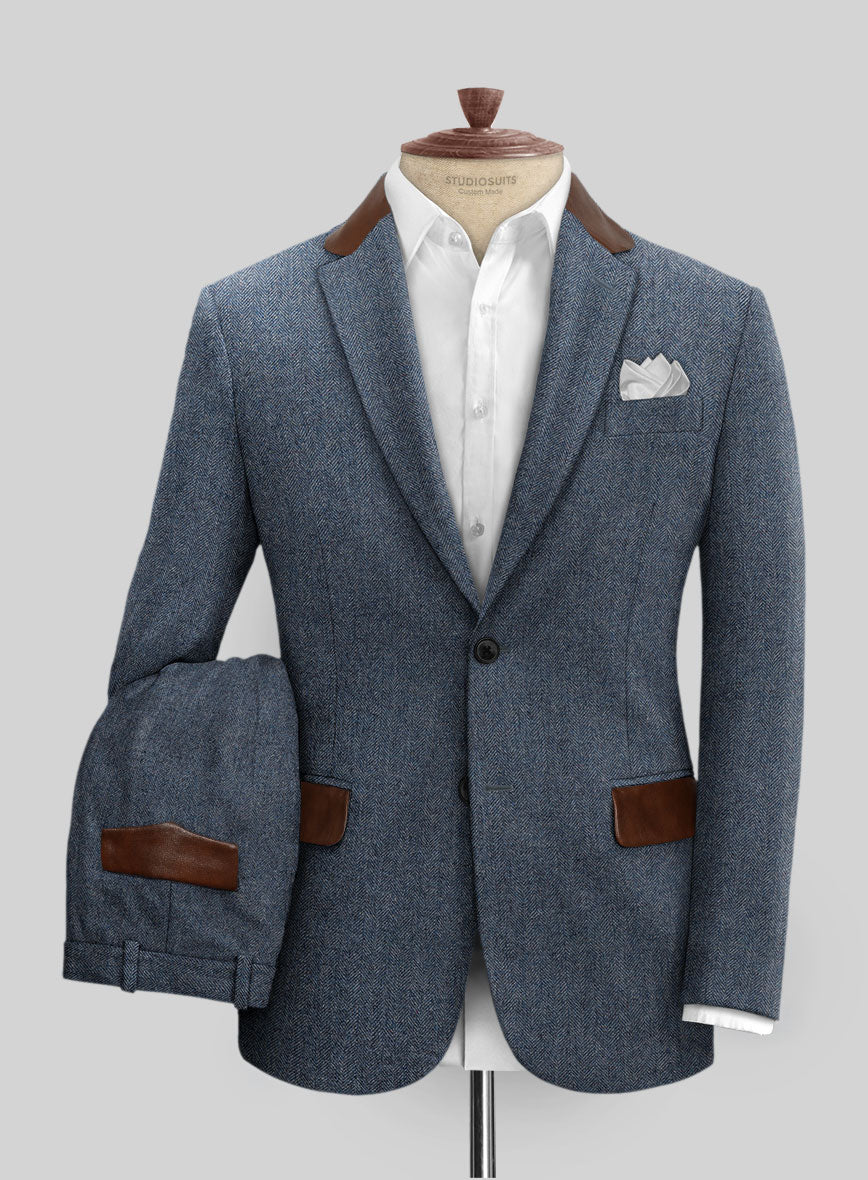 Vintage Herringbone Blue Tweed Suit - Leather Trims – StudioSuits