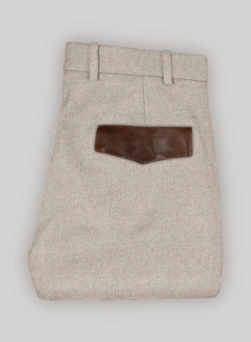 Vintage Herringbone Light Beige Tweed Pants - Leather Trims
