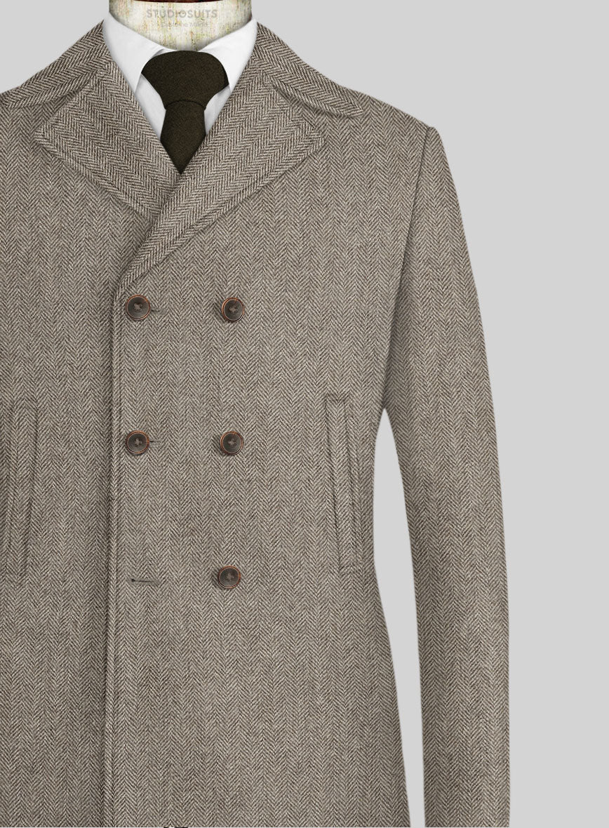 Vintage Herringbone Brown Tweed Pea Coat - StudioSuits