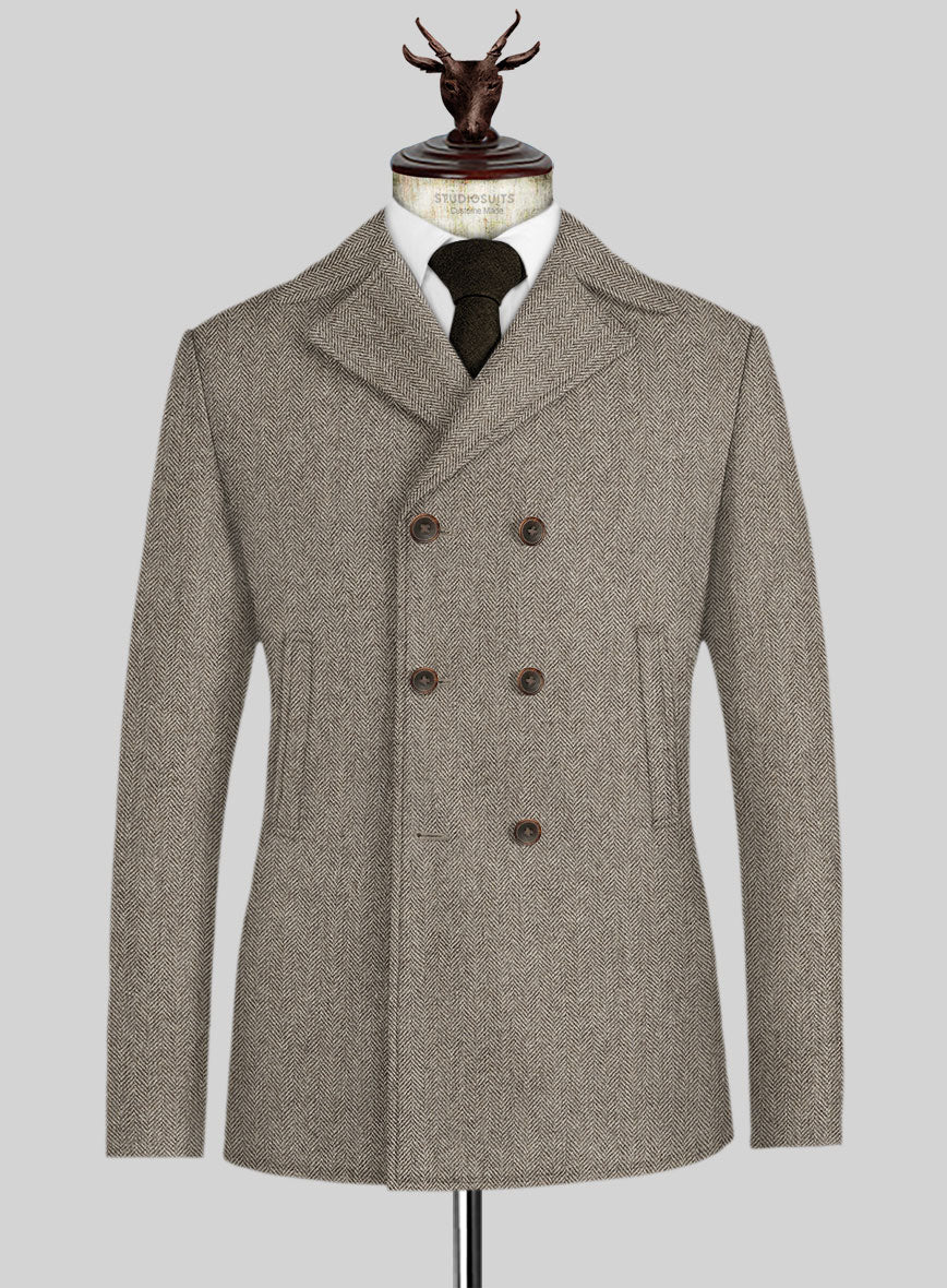 Vintage Herringbone Brown Tweed Pea Coat - StudioSuits