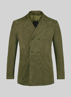 Woodland Green Suede Leather Pea Coat - StudioSuits