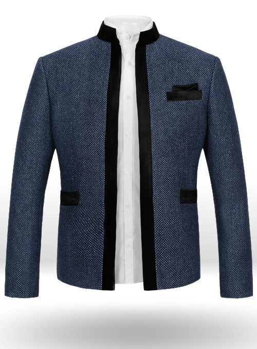 Blue Honey Comb Tweed Nehru Tuxedo Jacket - StudioSuits