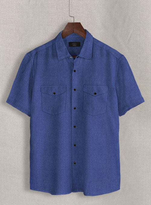 Linen Western Shirt in Beige/Blue