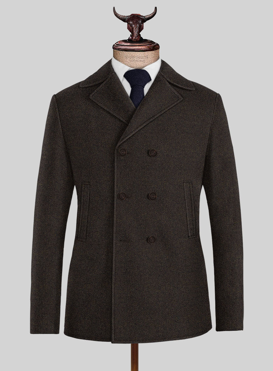 Highlander Heavy Dark Brown Herringbone Tweed Pea Coat - StudioSuits