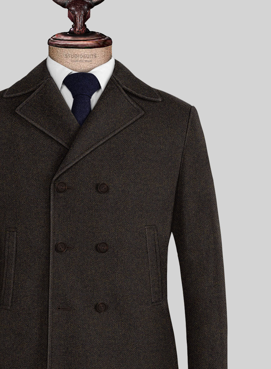 Highlander Heavy Dark Brown Herringbone Tweed Pea Coat - StudioSuits