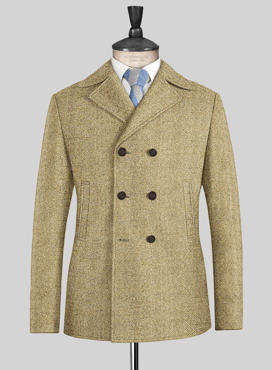 Highlander Heavy Beige Herringbone Tweed Pea Coat - StudioSuits