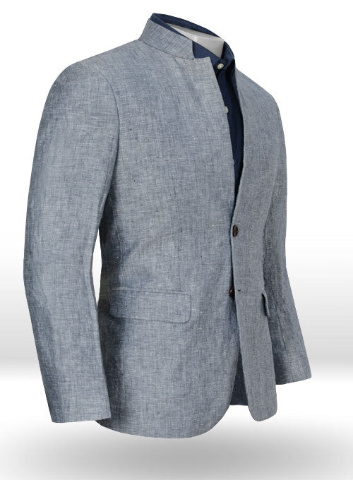Italian Celeste Blue Linen Mandarin Style Jacket - StudioSuits