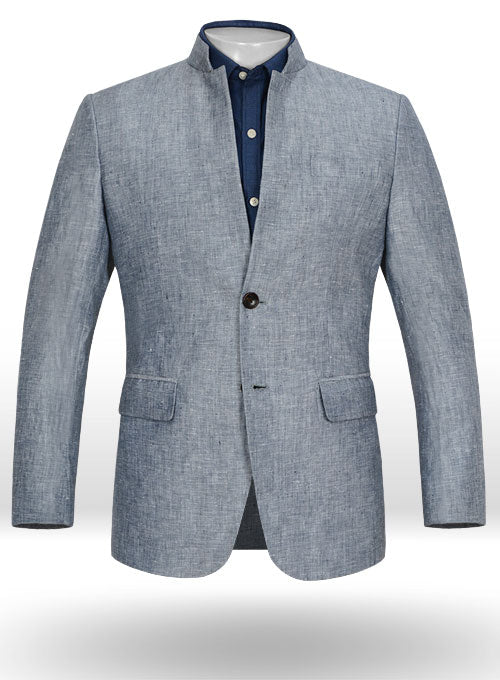 Italian Celeste Blue Linen Mandarin Style Jacket - StudioSuits