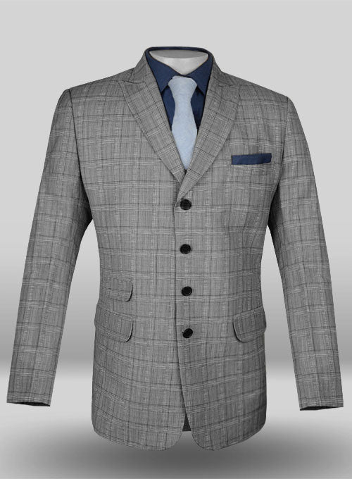Light Gray Checks Wool Linen Jacket - StudioSuits