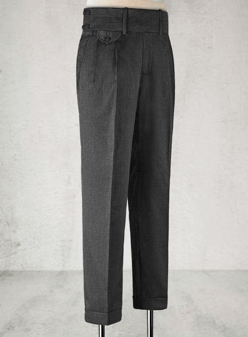Napolean Sharkskin Charcoal Double Gurkha Wool Trousers - StudioSuits