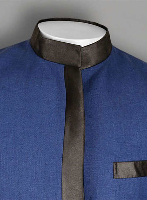 Pure Powder Blue Linen Nehru Tuxedo Jacket - StudioSuits