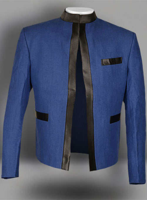 Pure Powder Blue Linen Nehru Tuxedo Jacket - StudioSuits