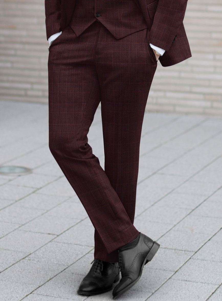Reda Casvo Maroon Checks Wool Pants - StudioSuits