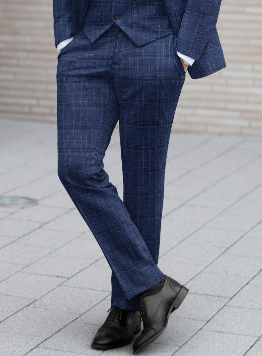 Reda Cerulean Blue Checks Wool Pants - StudioSuits