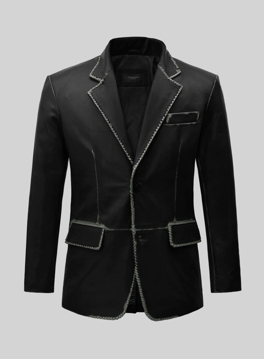 Rubbed Black Medieval Leather Blazer - StudioSuits