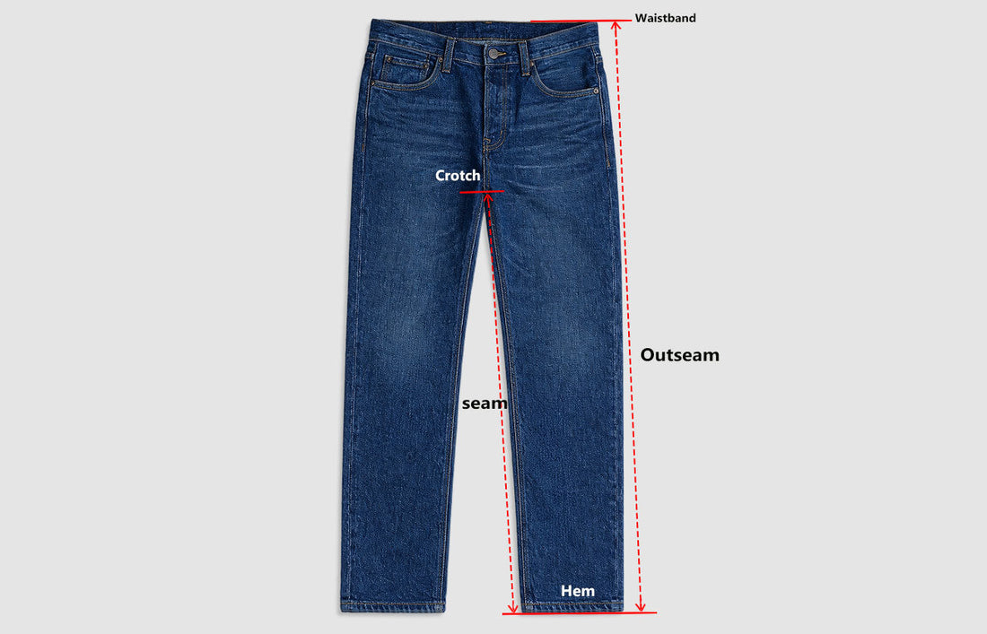 Jeans size measurement guide showing waistband, inseam, outseam, and hem measurements.