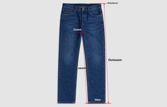 Jeans size measurement guide showing waistband, inseam, outseam, and hem measurements.