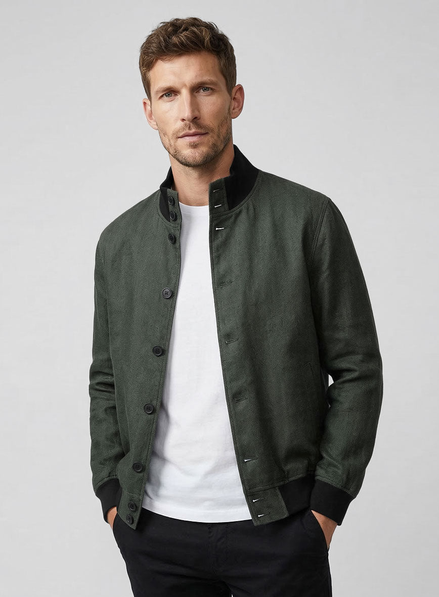 Italian Prato Olive Green Herringbone Linen Bomber Jacket - StudioSuits