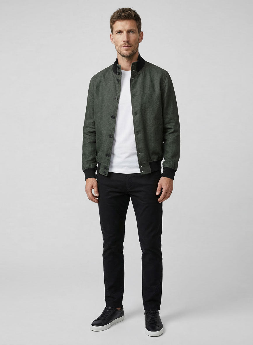 Italian Prato Olive Green Herringbone Linen Bomber Jacket - StudioSuits