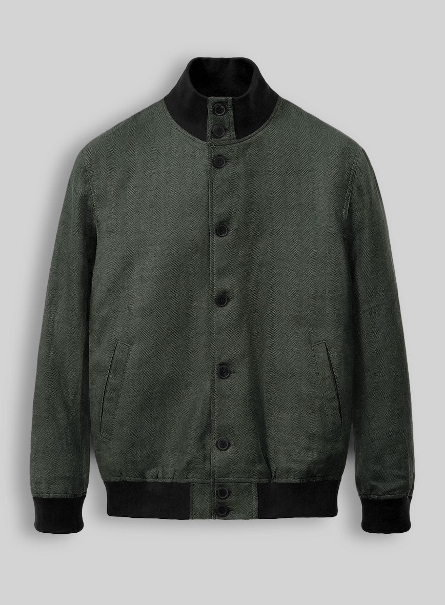 Italian Prato Olive Green Herringbone Linen Bomber Jacket - StudioSuits