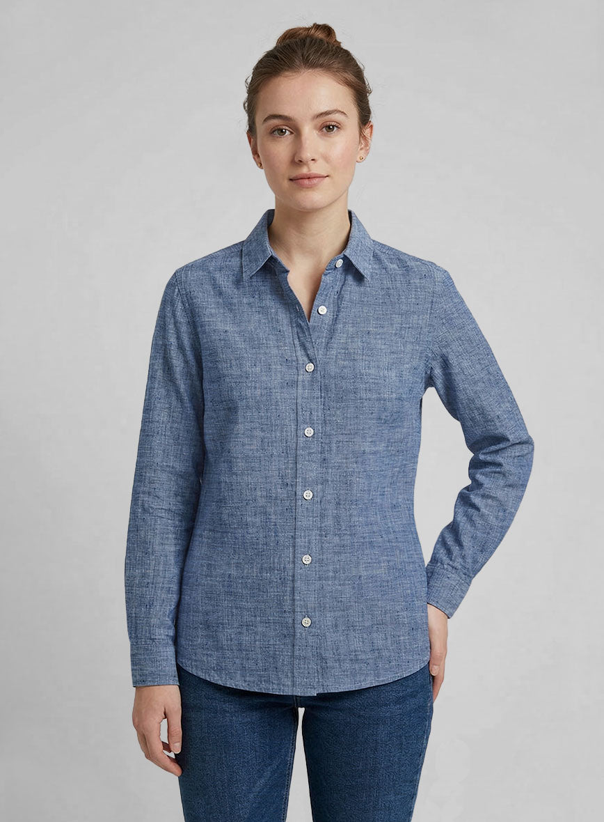 Women's European Smalt Blue Linen Shirt - StudioSuits