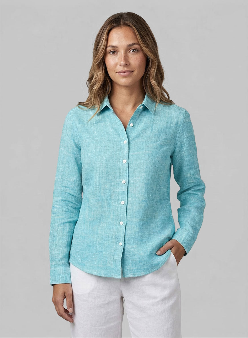 Women's European Sky Blue Linen Shirt - StudioSuits