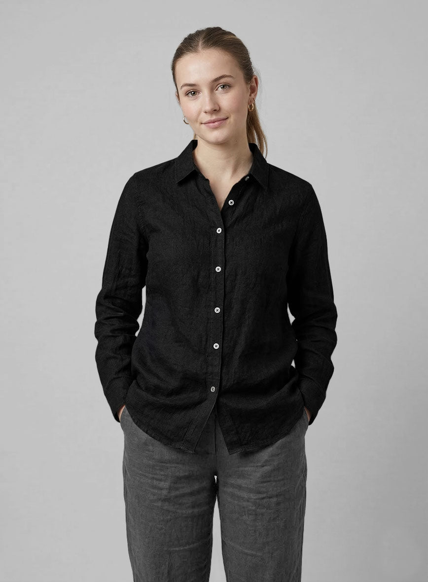 Women's European Black Linen Shirt - StudioSuits