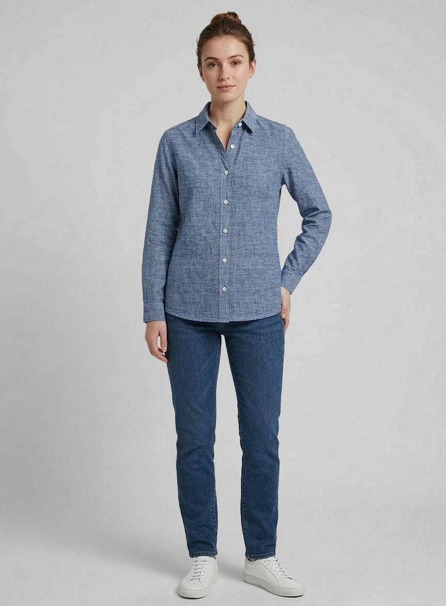 Women's European Smalt Blue Linen Shirt - StudioSuits