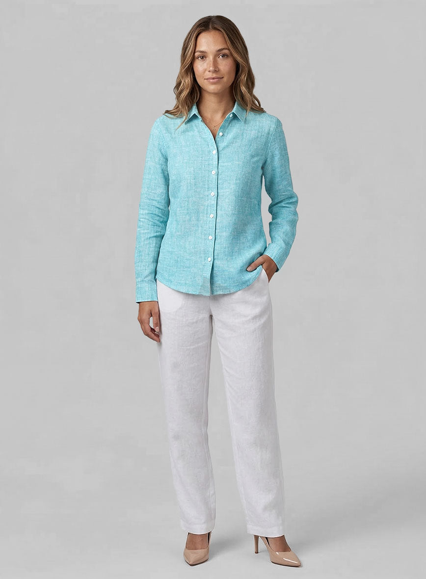 Women's European Sky Blue Linen Shirt - StudioSuits