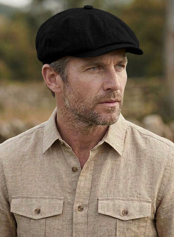 Black Linen Newsboy Cap - StudioSuits