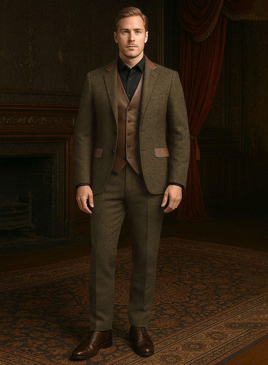 Bottle Brown Herringbone Tweed Suit - Leather Trim - StudioSuits