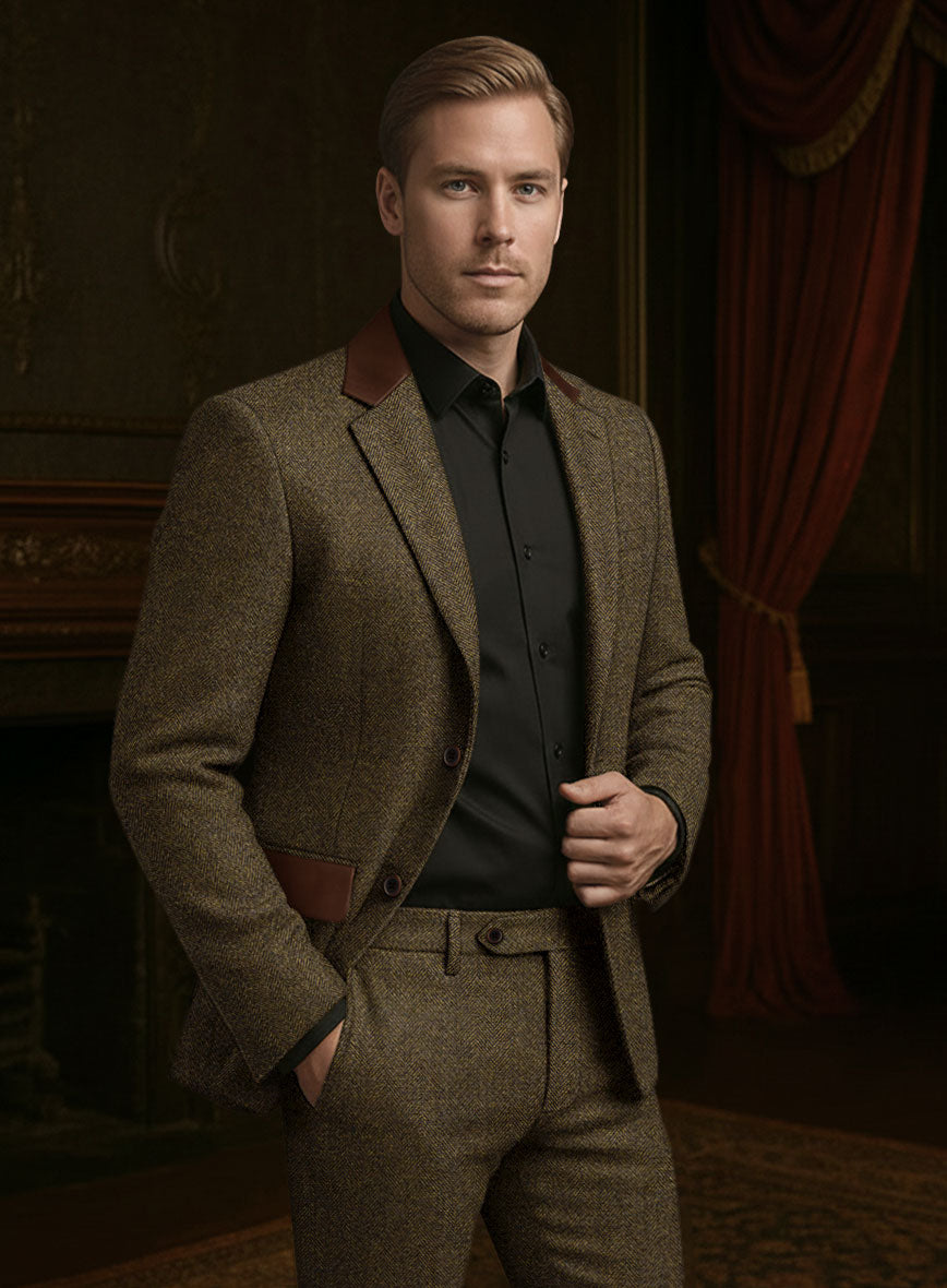 Bottle Brown Herringbone Tweed Suit - Leather Trim - StudioSuits