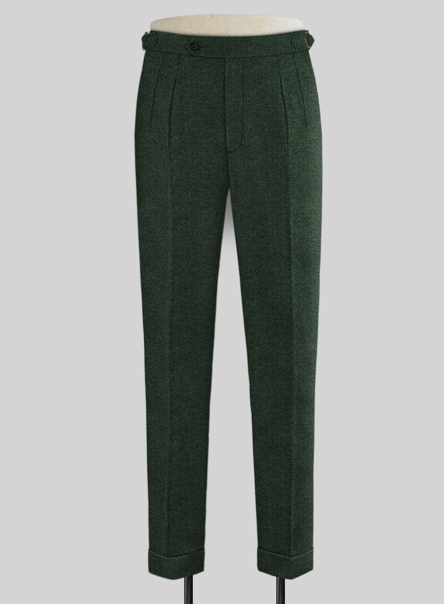 Bottle Green Herringbone Highland Tweed Trousers - StudioSuits