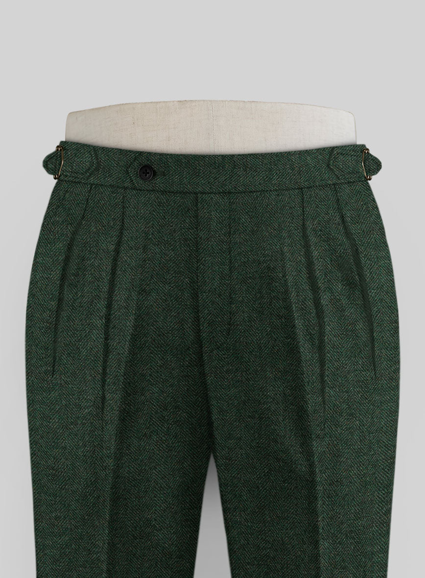 Bottle Green Herringbone Highland Tweed Trousers - StudioSuits
