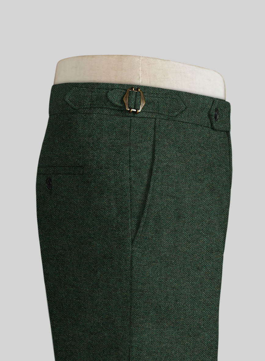 Bottle Green Herringbone Highland Tweed Trousers - StudioSuits