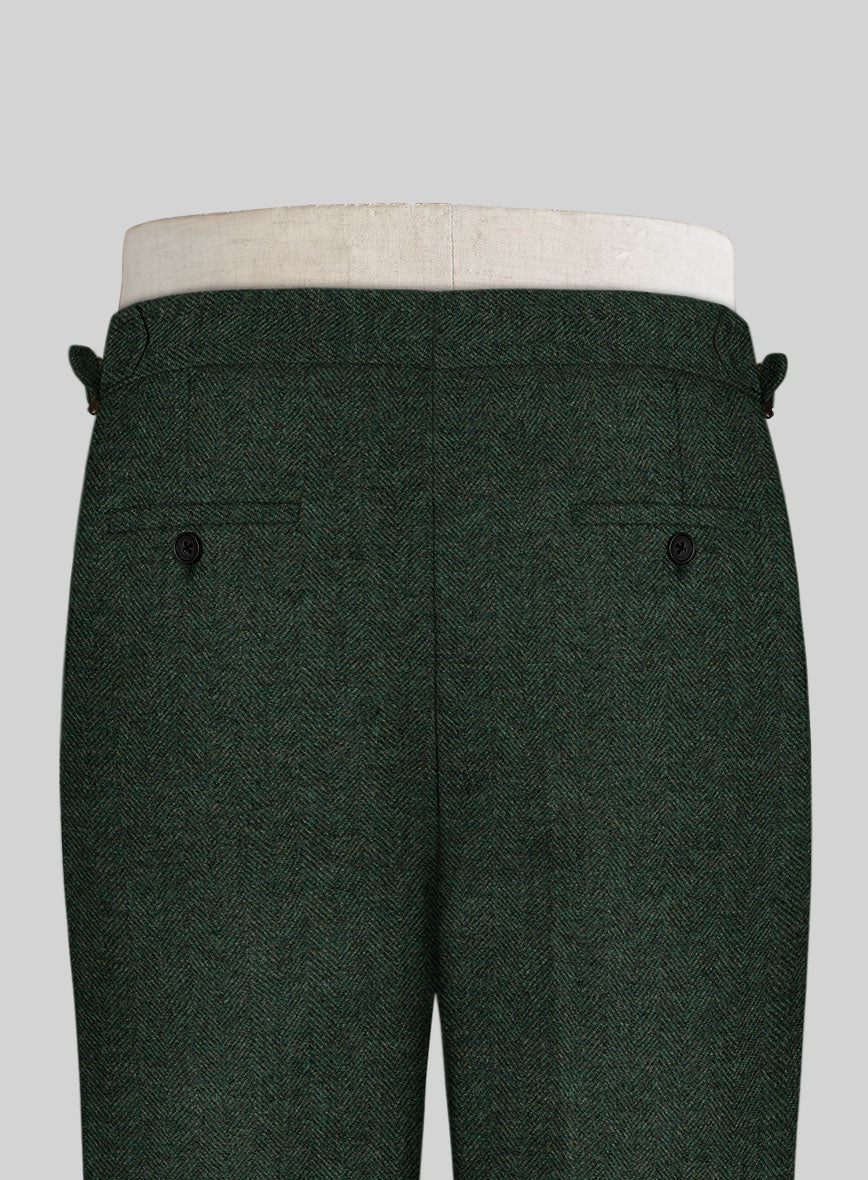 Bottle Green Herringbone Highland Tweed Trousers - StudioSuits